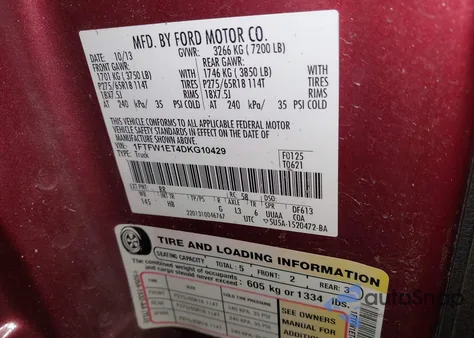 2013 Ford F-150 Lariat from USA, damaged, VIN 1FTFW1ET4DKG10429